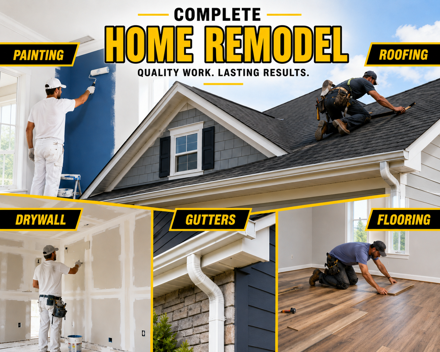 Whole-house prep services: painting, roofing, drywall, gutters, and flooring